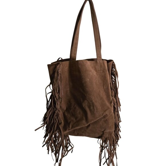 Forever 21 Brown Faux Suede Fringe Hobo Tote Shoulder Bag - Picture 3 of 9